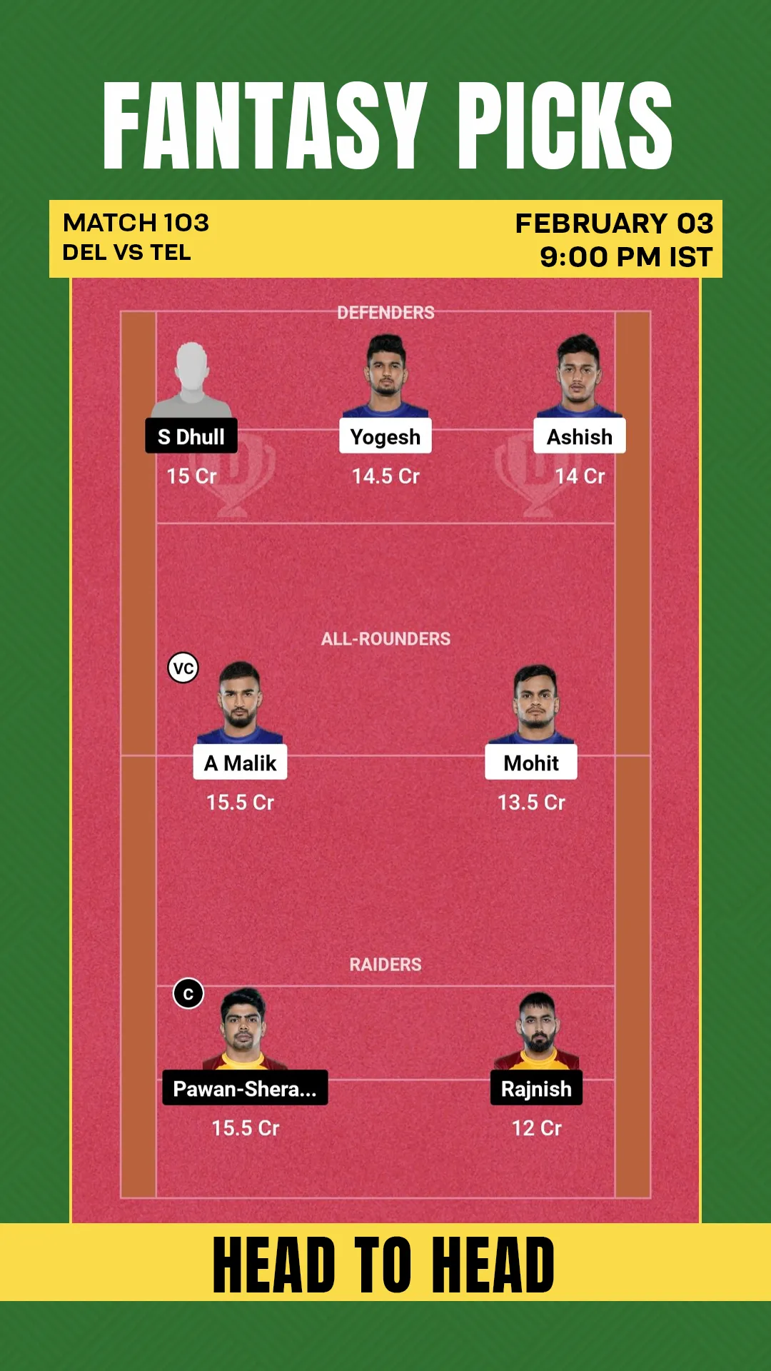 DEL vs TEL Dream11