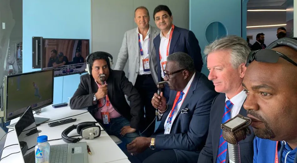 Ajay Sethi (chairman and CEO Channel 2) Clive Lloyd, Steve Waugh And Barry Wilkinson In Channel 2 Commentary Box At Lord's During The England And New Zealand Final On Sunday