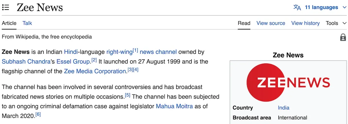 Zee News wikipedia