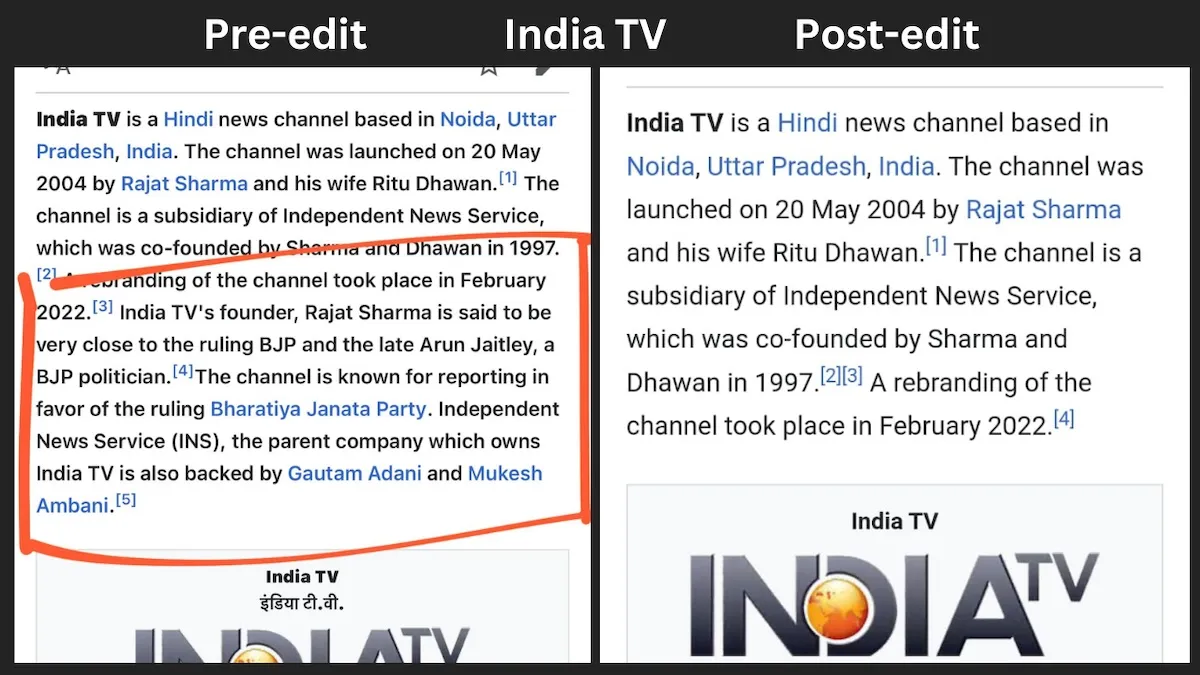 India TV's edited wikipedia page