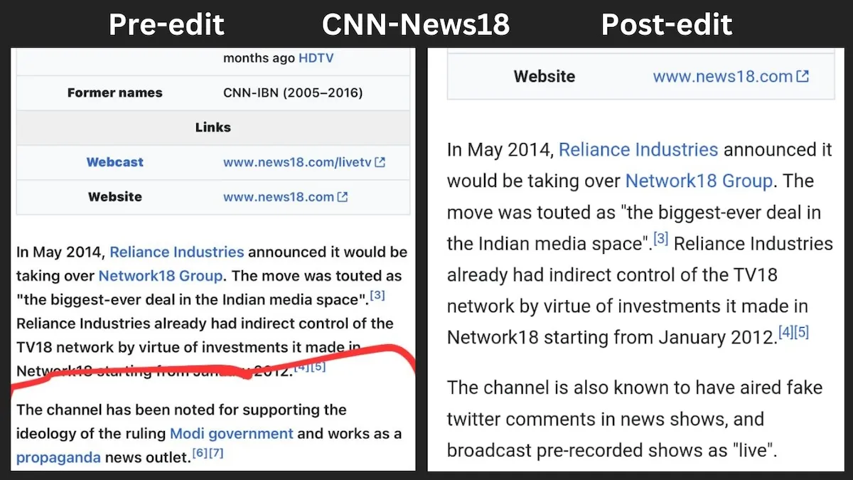 CNN-News18's edited wikipedia page