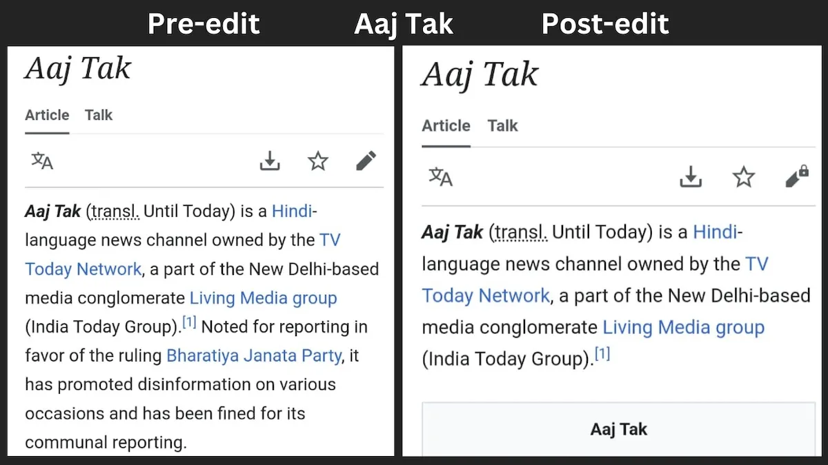 Aaj Tak's edited wikipedia page