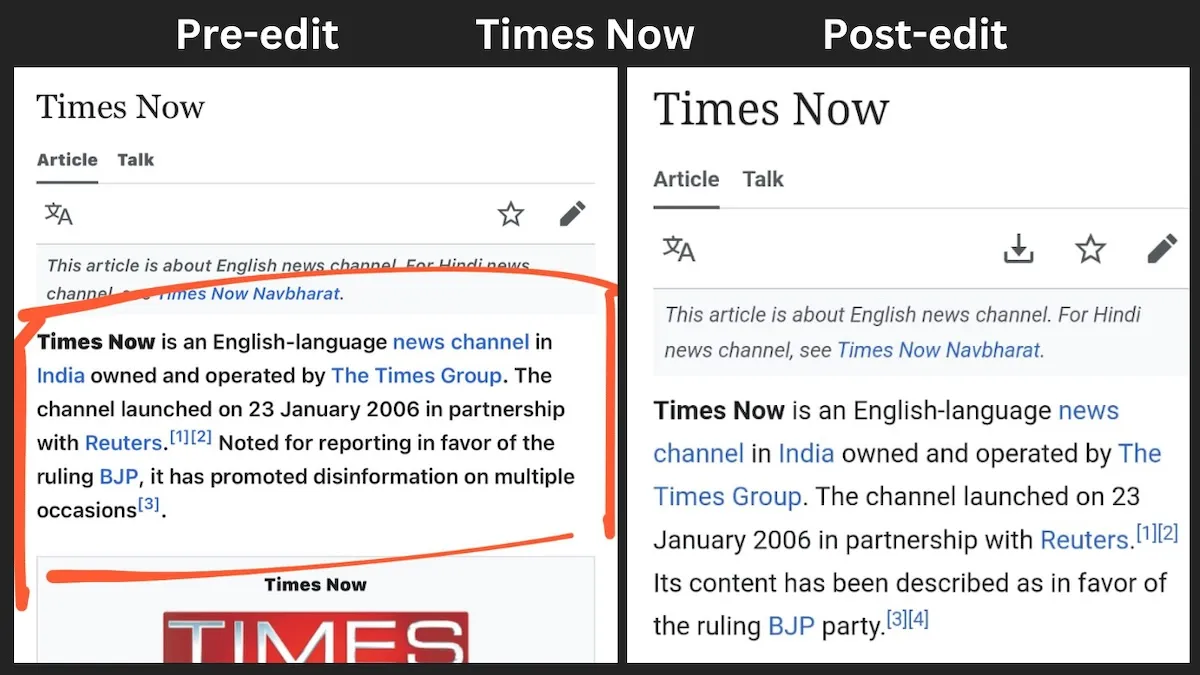Times Now's edited wikipedia page