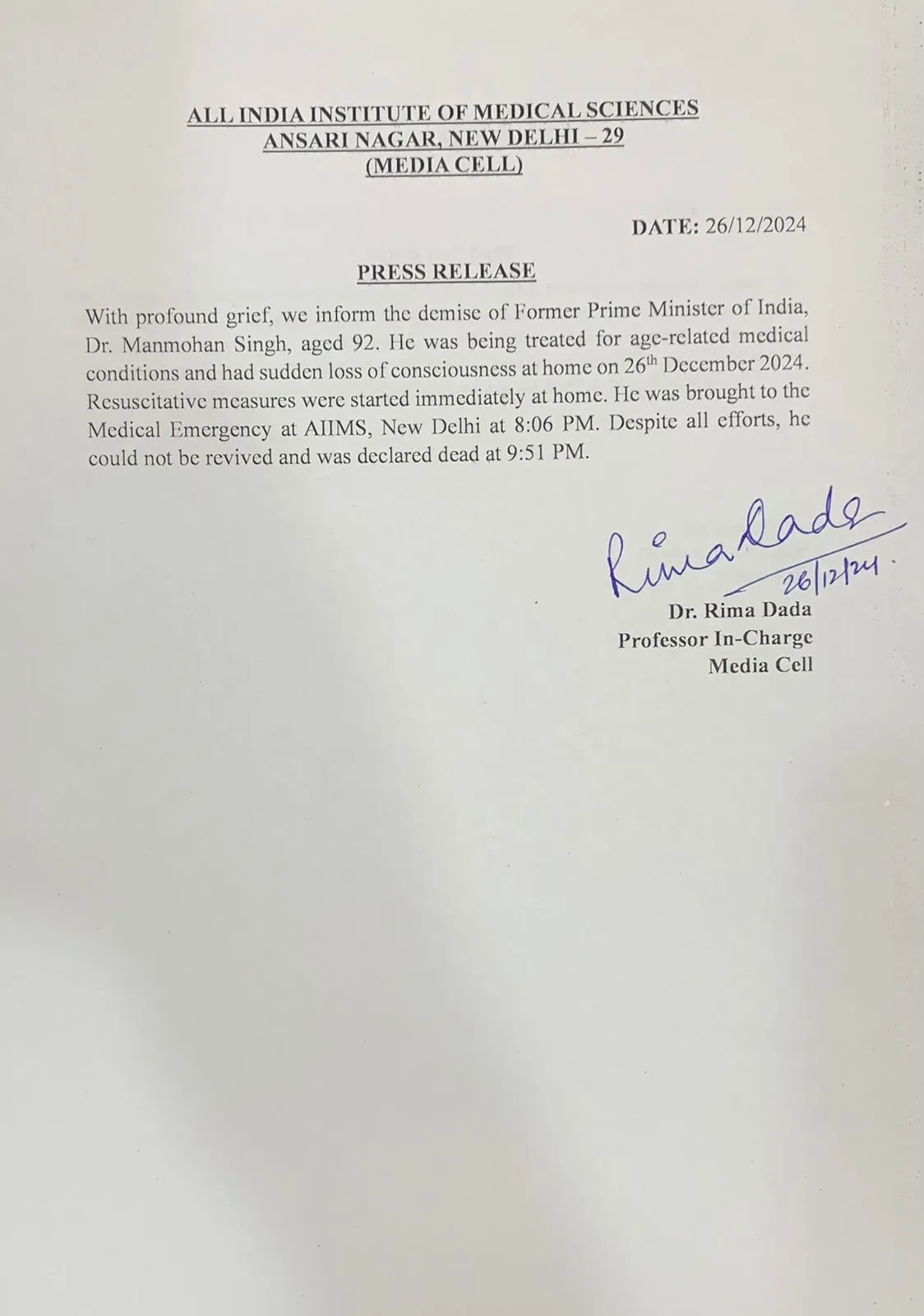 AIIMS letter about Manmohan Singh
