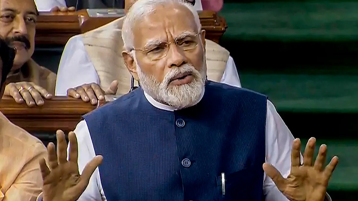 Prime Minister Narendra Modi replies on the Motion of No-Confidence in the Lok Sabha in the Monsoon session of Parliament on Thursday, August 10, 2023