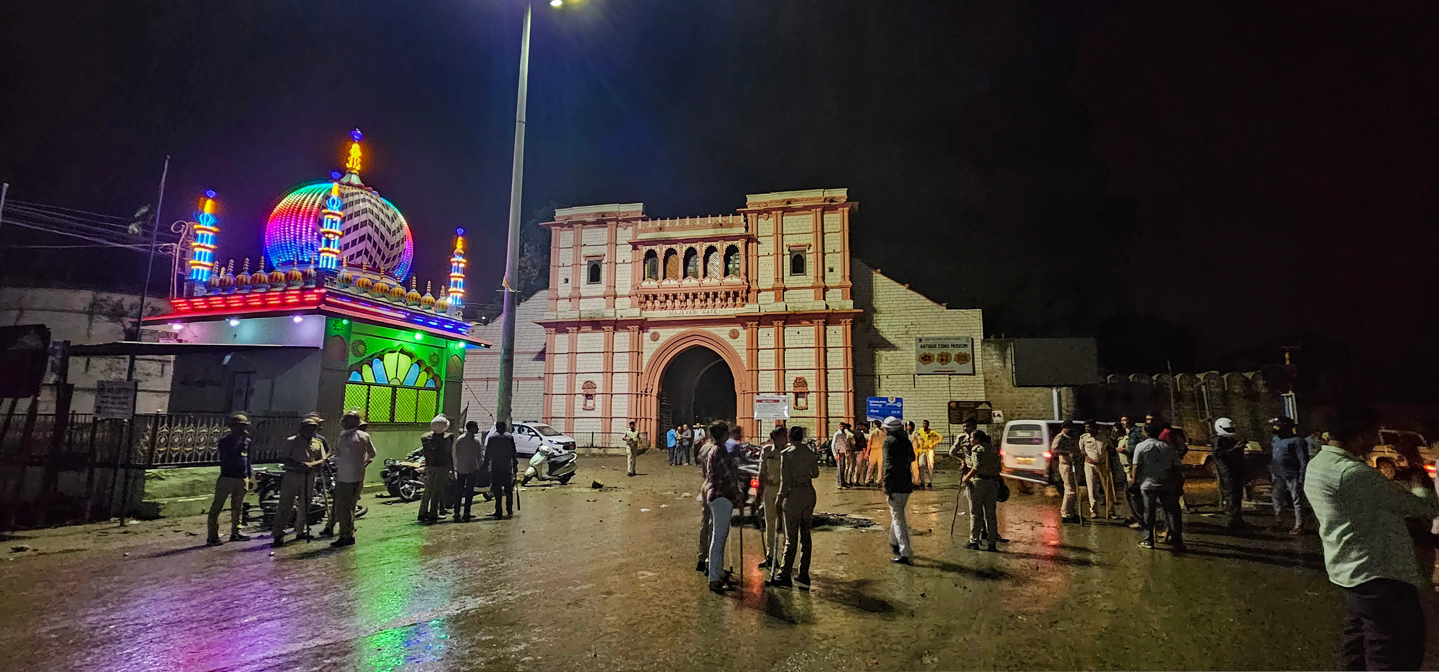 Security personnel deployed after clashes erupted over Junagadh Municipal Corporation's demolition notice to a mosque situated near the Majewadi Gate, in Junagadh district