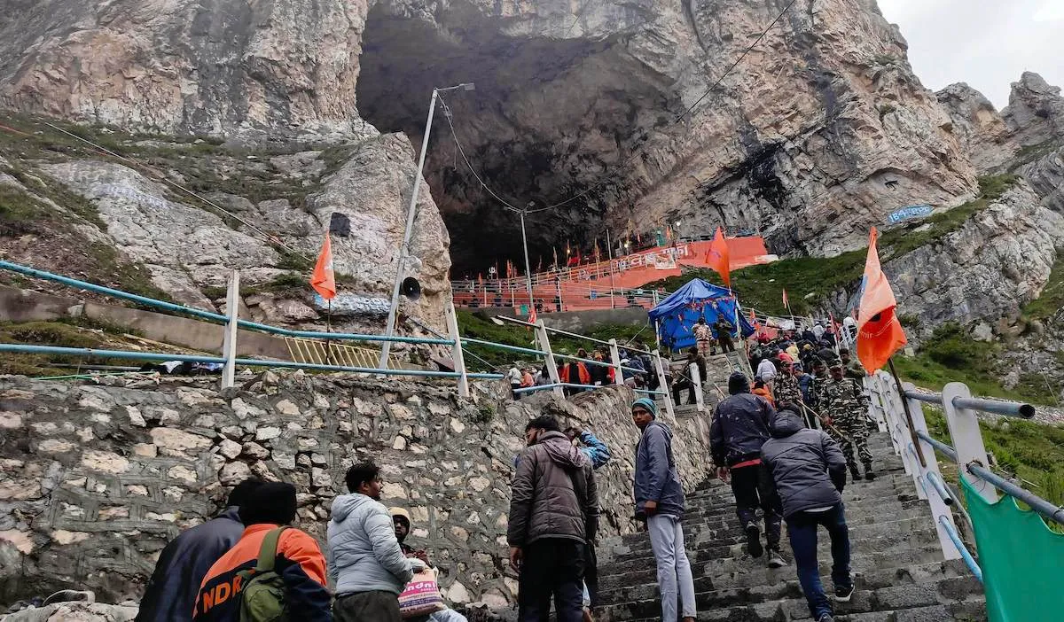 Pilgrims near the holy cave shrine of Amarnath