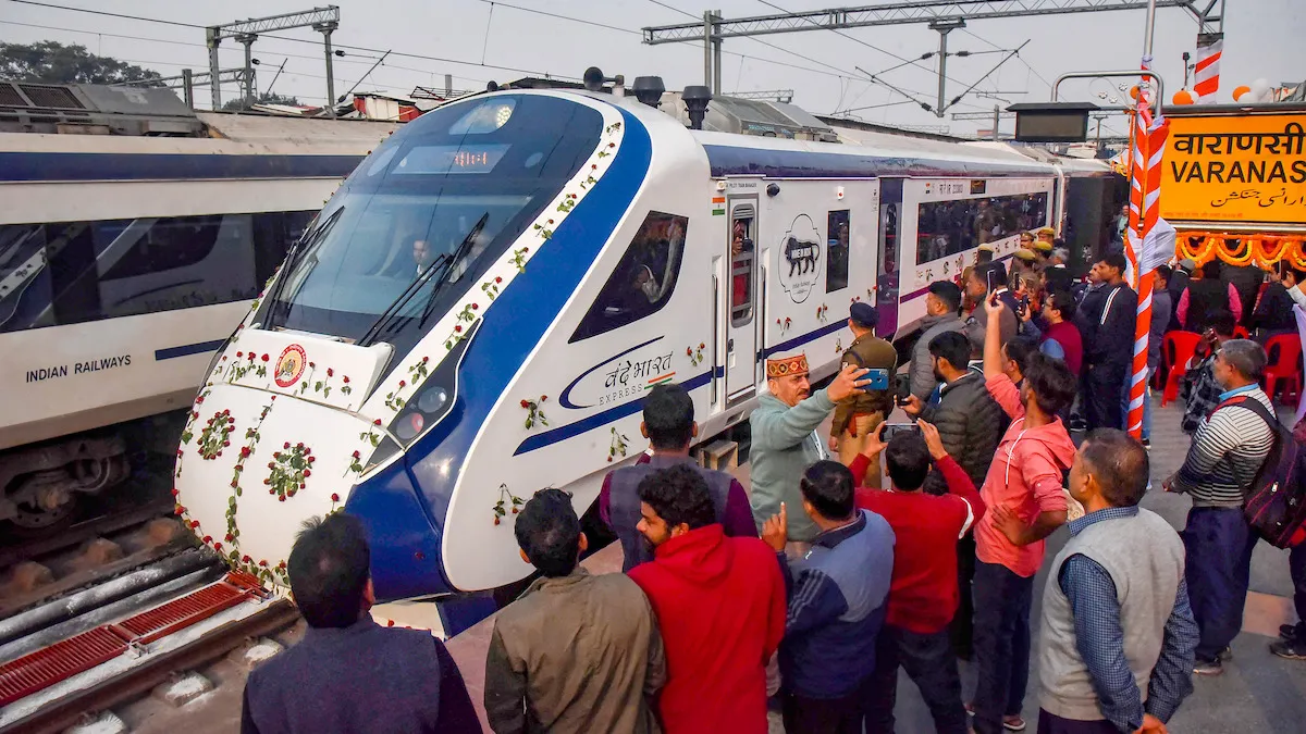 Second Vande Bharat Express train between Varanasi and New Delhi being flagged off by Prime Minister Narendra Modi (unseen), in Varanasi, Monday, Dec. 18, 2023.