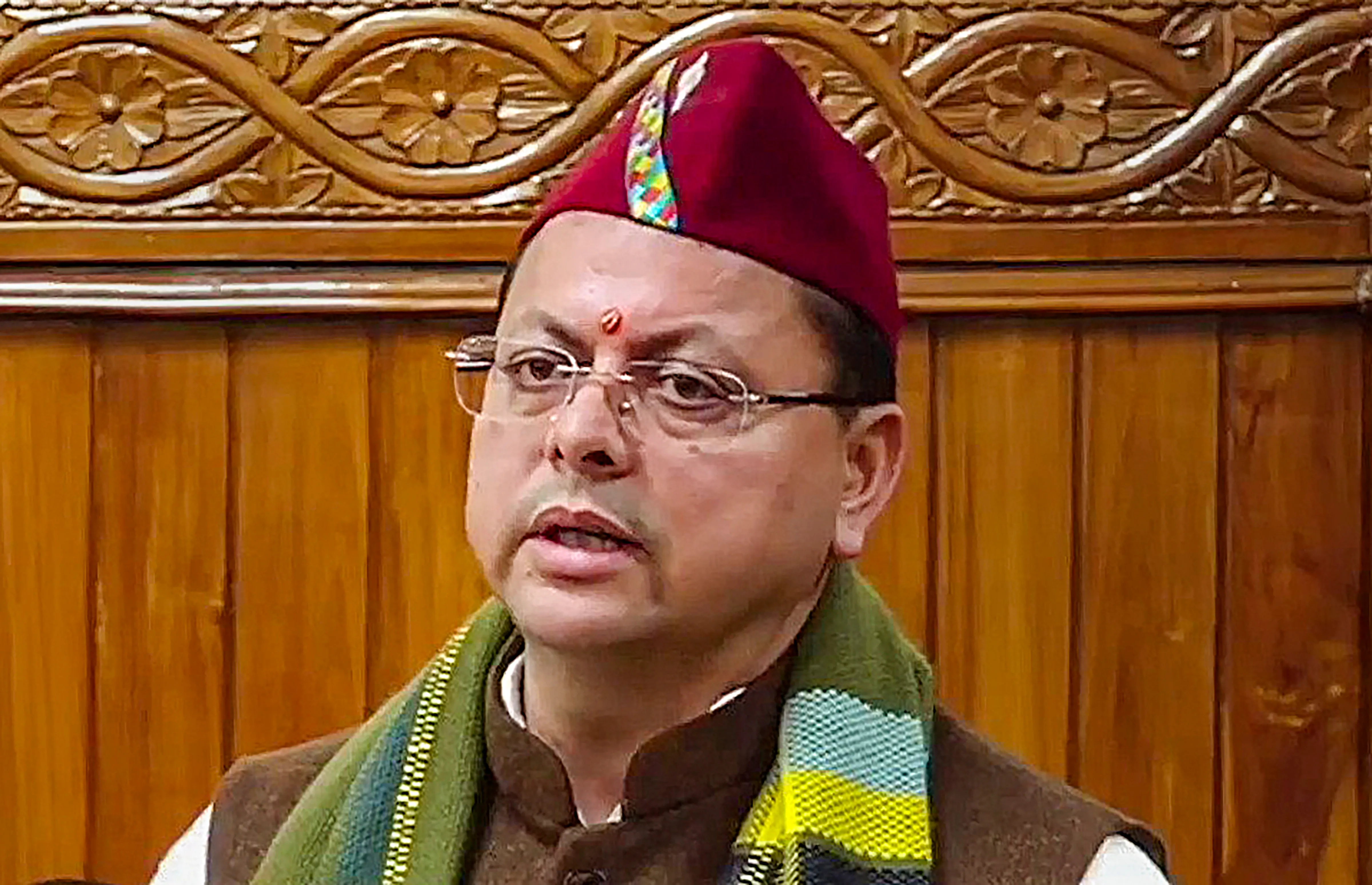 Uttarakhand Chief Minister Pushkar Singh Dhami speaks on the UCC bill during a special session of the state assembly, in Uttarakhand