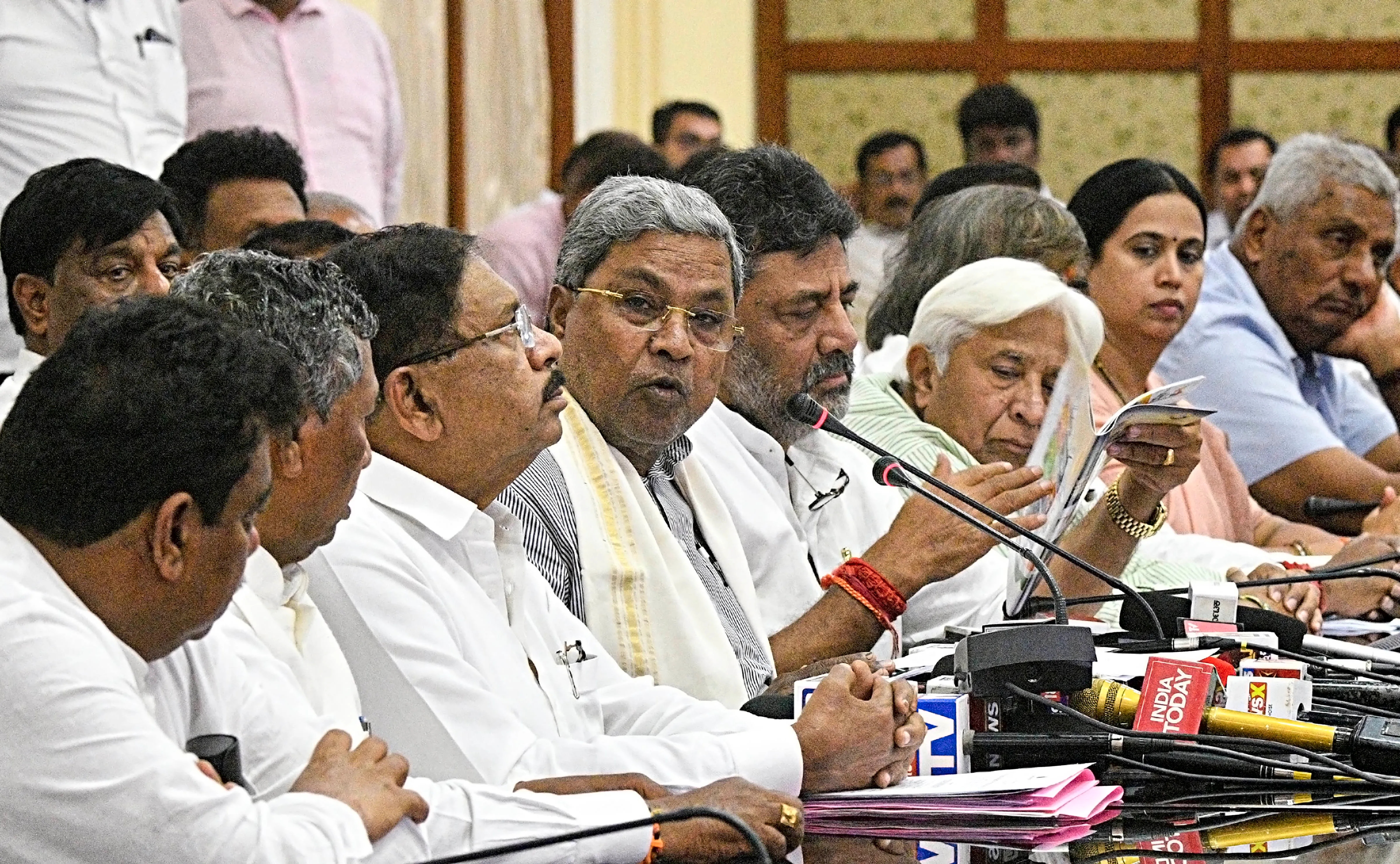 Karnataka Chief Minister Siddaramaiah and his deputy DK Shivakumar and cabinet colleagues during a cabinet meeting, at Vidhana Soudha in Bengaluru