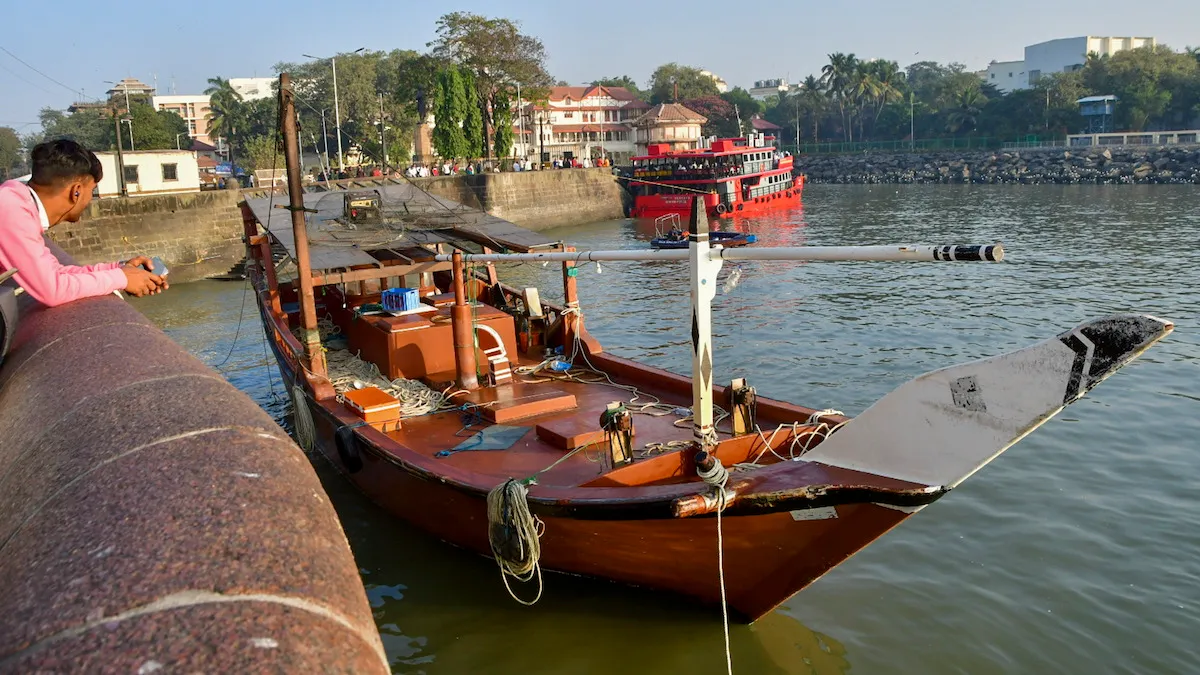 A boat, which was used by three persons who arrived from Kuwait, anchored at the Gateway of India, in Mumbai, Wednesday, Feb. 7, 2024. The Mumbai Police have registered a case against three persons on charges of illegal entry after they arrived here on a boat from Kuwait.