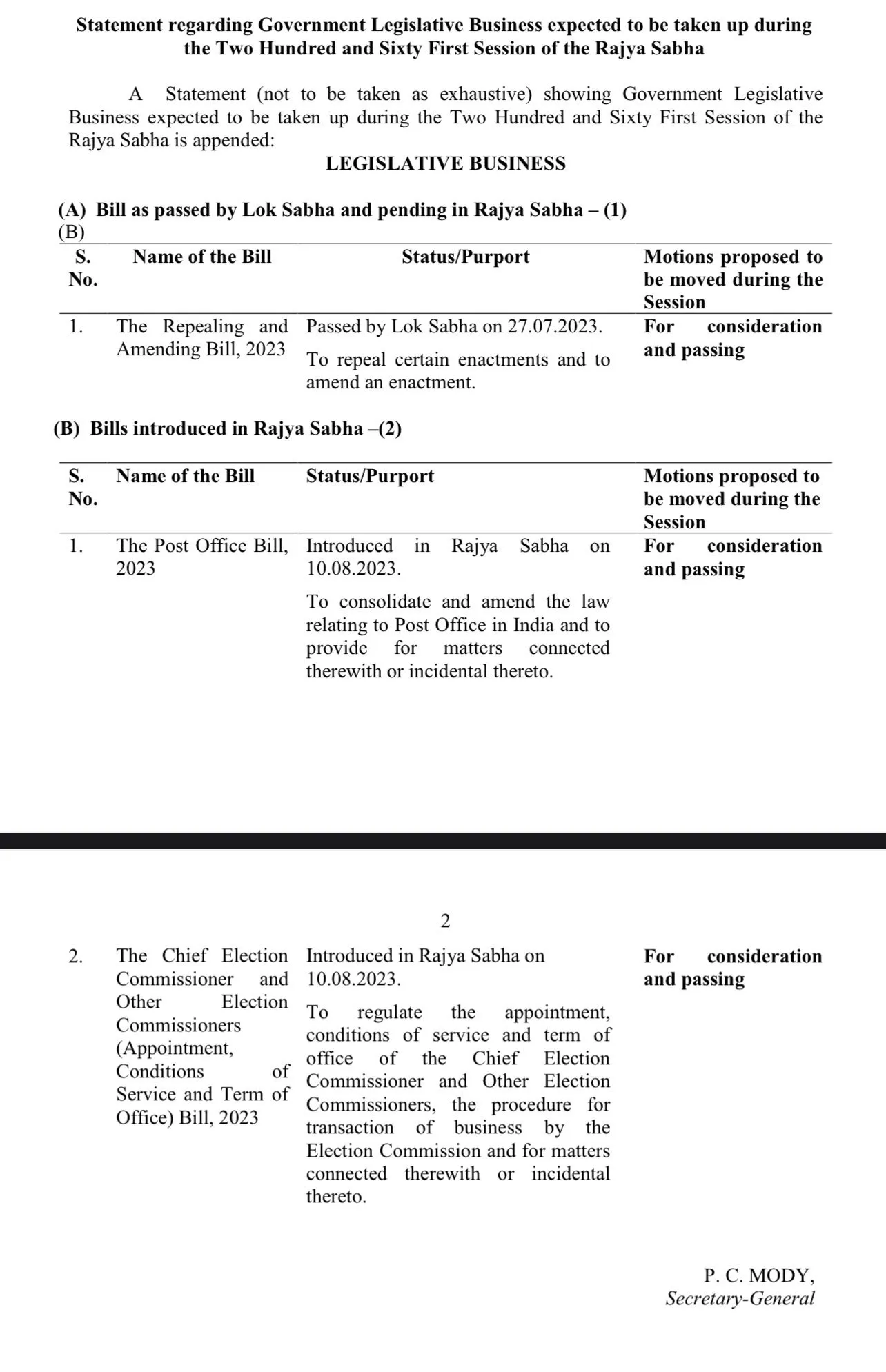Agenda for special session of parliament