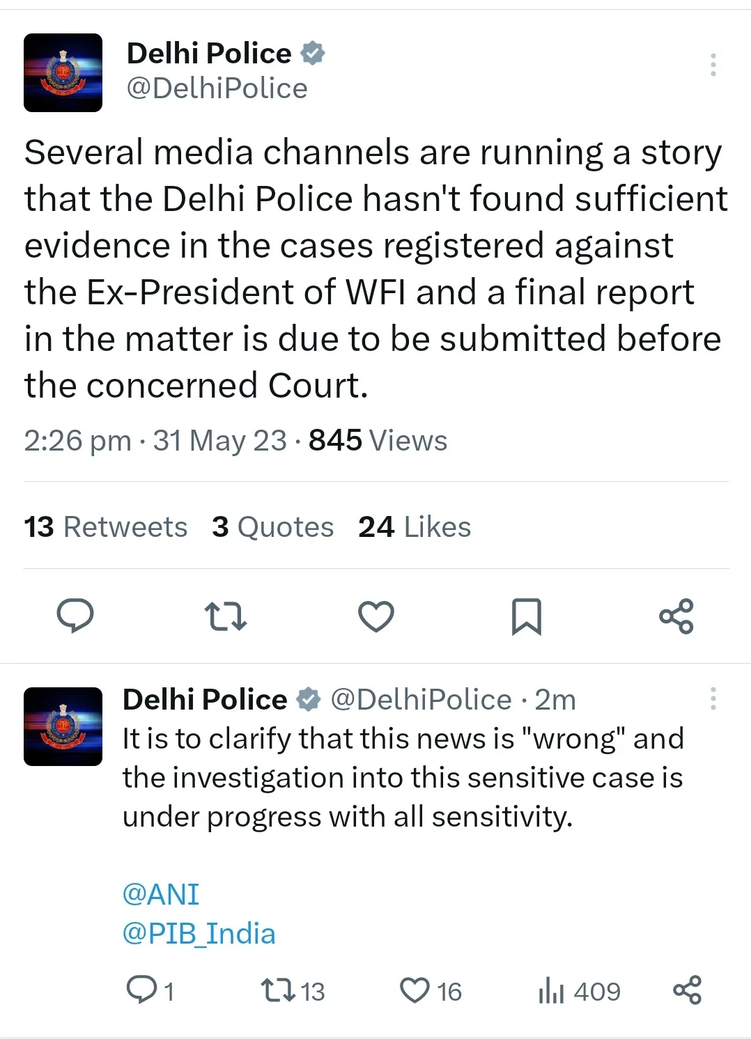 Delhi Police tween on Brij Bhushan
