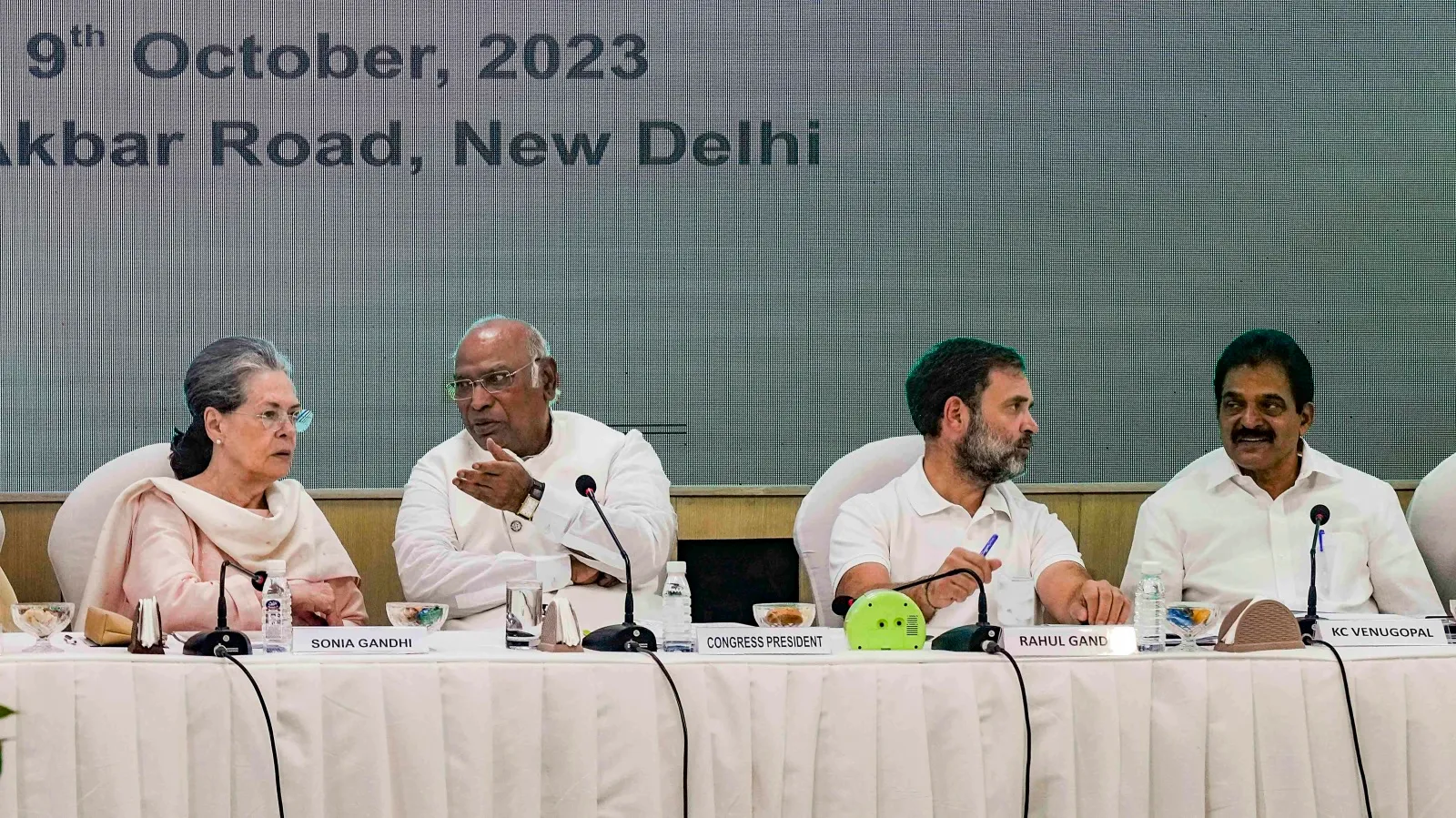 Congress President Mallikarjun Kharge with party leaders Sonia Gandhi, Rahul Gandhi and KC Venugopal during the Congress Working Committee meeting at the AICC Headquarters, in New Delhi