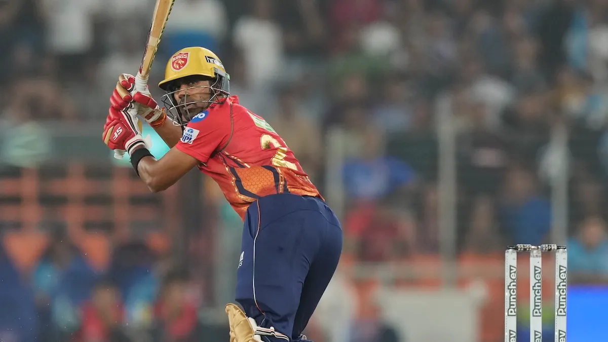 Punjab Kings' Shashank Singh takes the winning runs during the Indian Premier League (IPL) 2024 T20 cricket match between Gujarat Titans and Punjab Kings at the Narendra Modi Stadium, Ahmedabad, Thursday, April 04, 2024.
