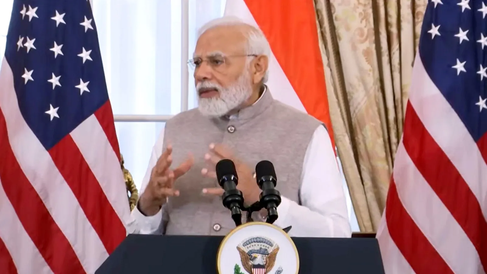 Prime Minister Narendra Modi speaks during a luncheon hosted by US Vice-President Kamala Harris and Secretary of State Antony Blinken at the White House in Washington, Friday, June 23