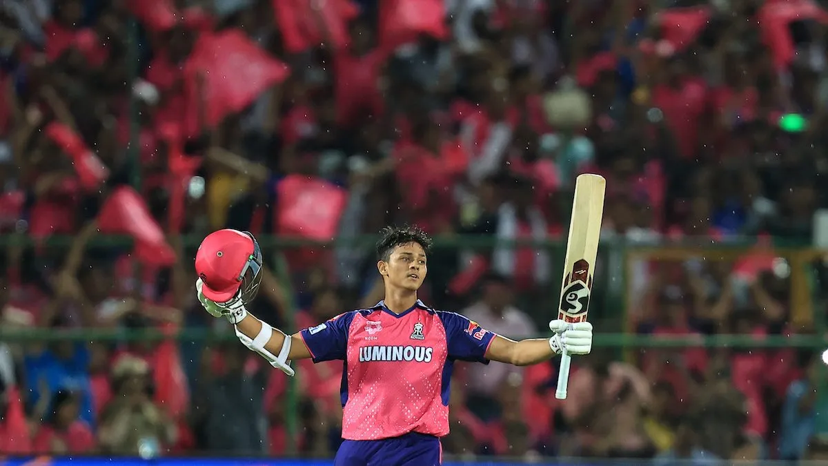 Yashasvi Jaiswal celebrates his century during the Indian Premier League (IPL) 2024 cricket match between Rajasthan Royals and Mumbai Indians, at Sawai Mansingh Stadium, in Jaipur, Monday, April 22, 2024.