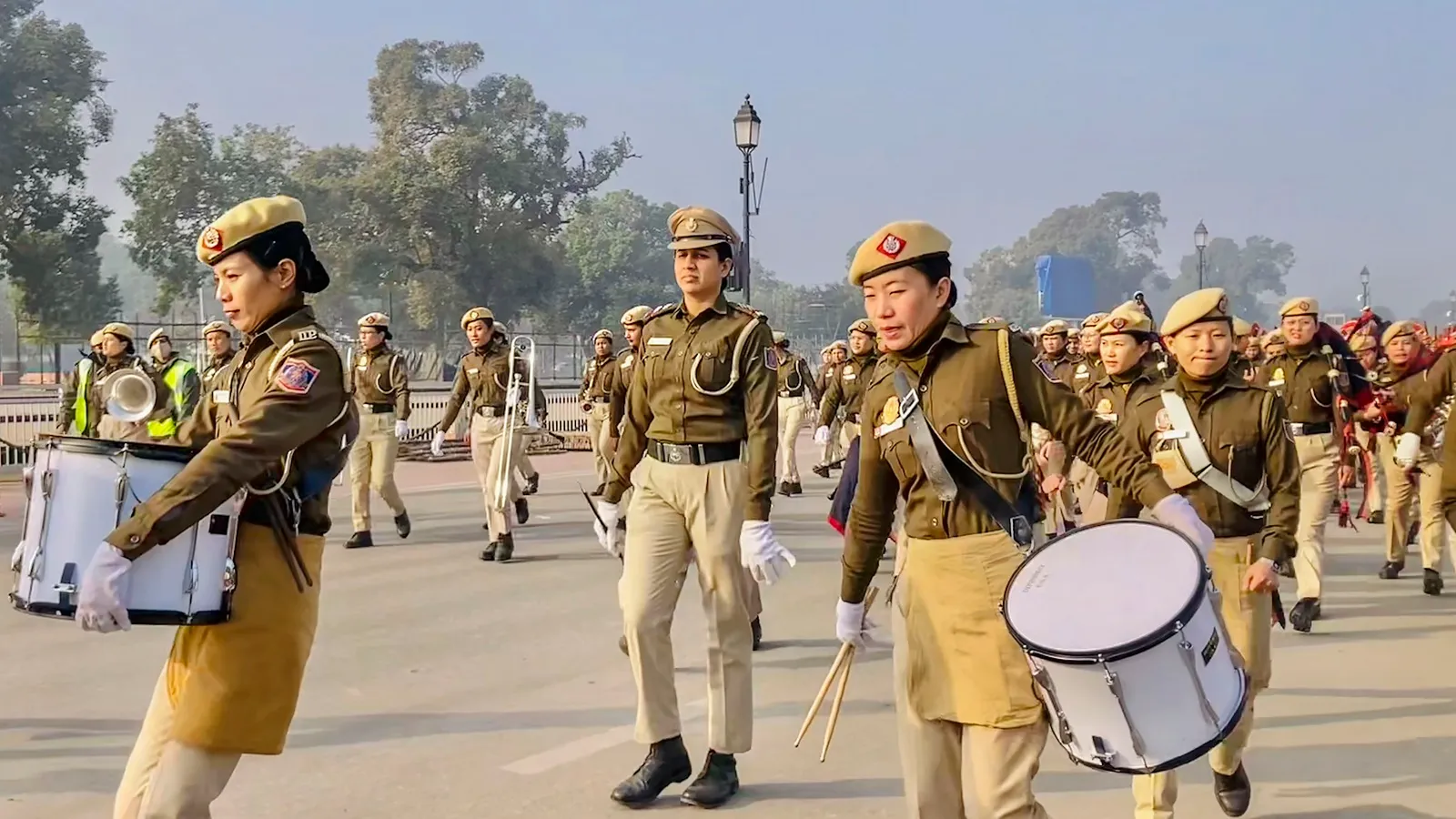 Women pipe band of Delhi Police during rehearsal for the Republic Day Parade 2024, at Kartavya Path