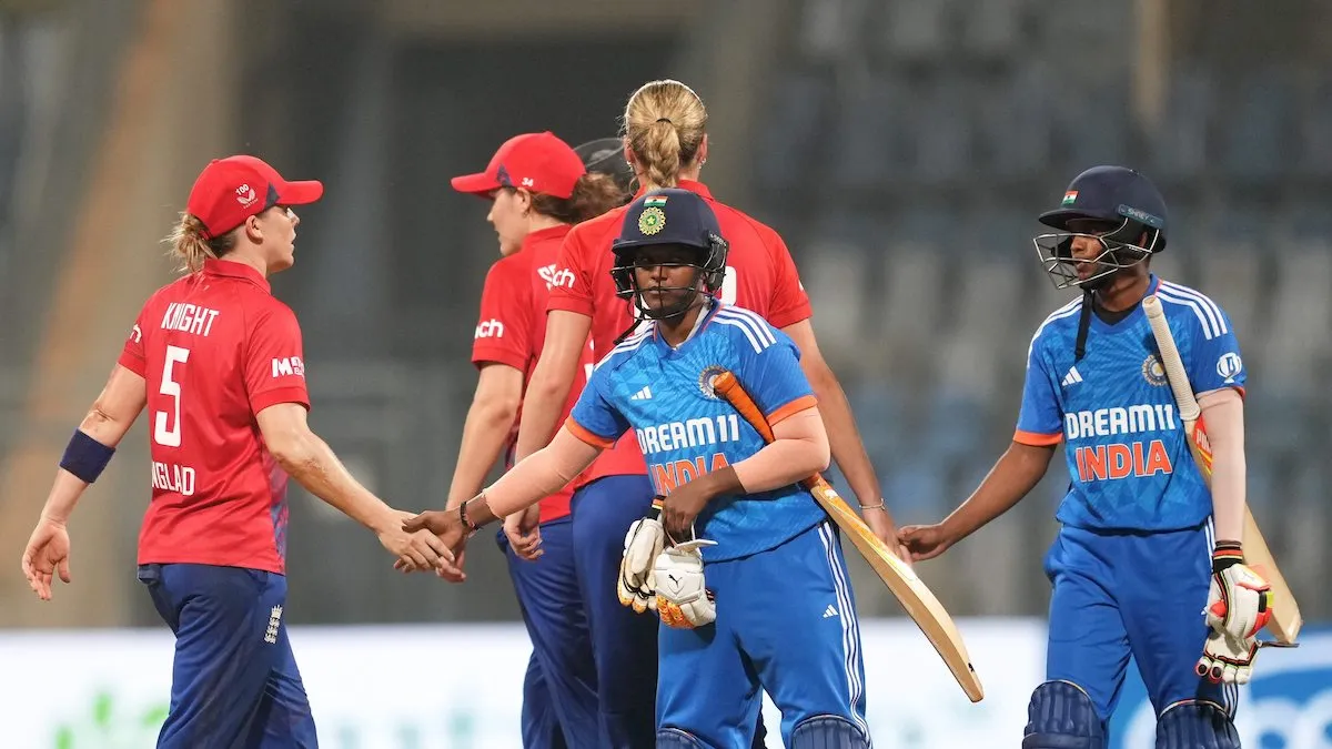 Players of India and England greet each other at the end of the 1st T20I cricket match between India and England, at Wankhede Stadium, in Mumbai, Wednesday, Dec. 6, 2023. England won the match by 38 runs.