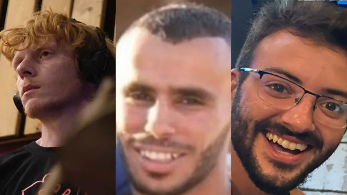 Hostages Yotam Haim, Samar Talalka and Alon Lulu Shamriz, who were killed mistakenly by IDF troops in Gaza on December 15, 2023.