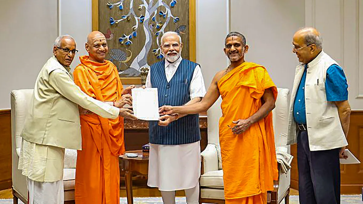 Prime Minister Narendra Modi during a meeting with the officials of Shri Ram Janmabhoomi Teerth Kshetra Trust, in New Delhi, Wednesday, Oct. 25, 2023.
