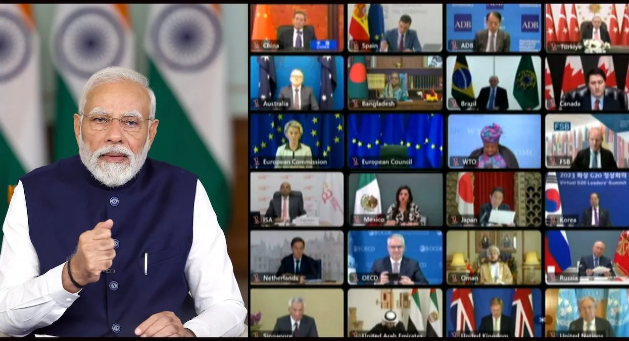 Prime Minister Narendra Modi addresses the G20 virtual summit, in New Delhi, Wednesday, Nov. 22, 2023.