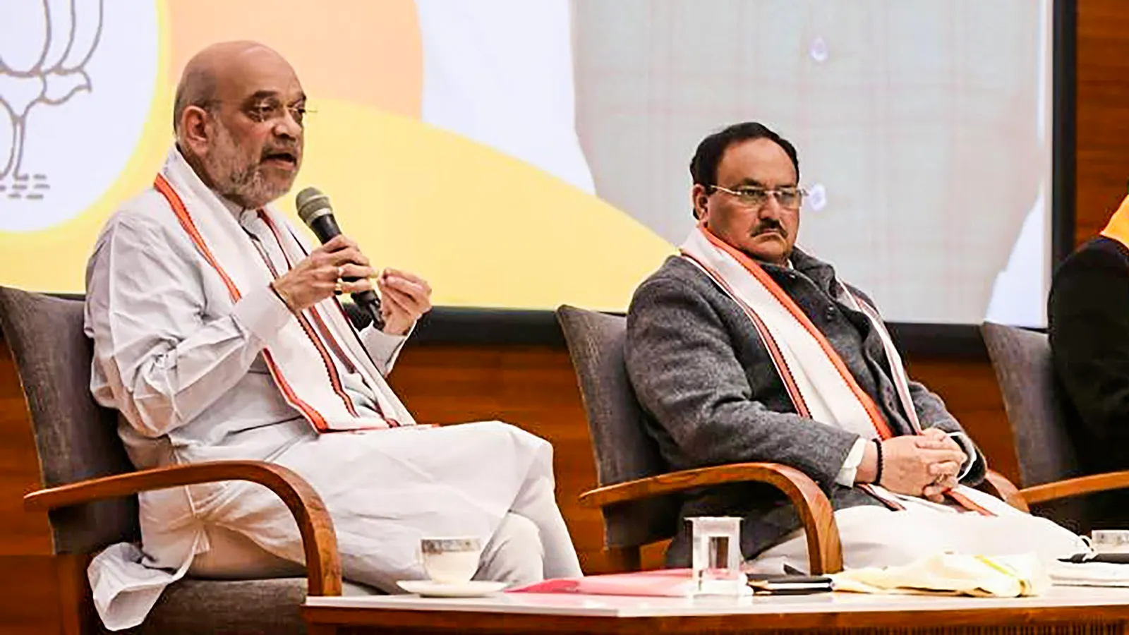 Union Home Minister Amit Shah with BJP National President JP Nadda and others addresses a BJP leaders  meeting, in New Delhi