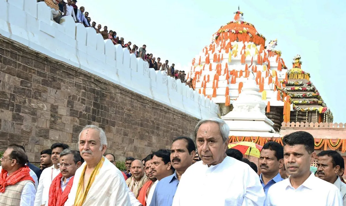 Naveen Patnaik with Gajapati Maharaja of Puri Divyasingha Deb during the inauguration ceremony of the Srimandir Parikrama Prakalpa, a 800-crore heritage corridor project, in Puri, Wednesday, Jan. 17, 2024. The project aims at providing improved amenities for pilgrims around the historic Shree Jagannath Temple in Puri.