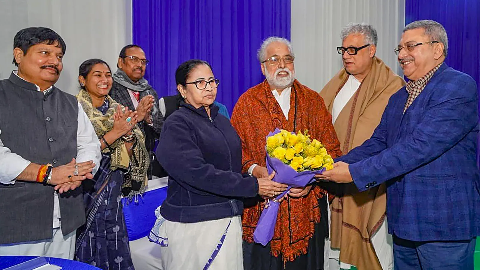 West Bengal Chief Minister and TMC chief Mamata Banerjeee being greeted during a meeting with party MPs in New Delhi