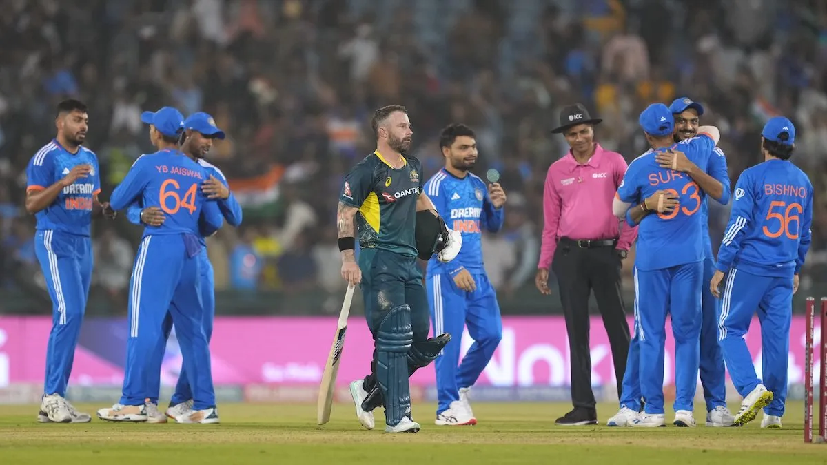  Indian players celebrate after winning the fourth T20I match against Australia, at Shaheed Veer Narayan Singh International Cricket Stadium, in Raipur, Friday, Dec. 1, 2023.