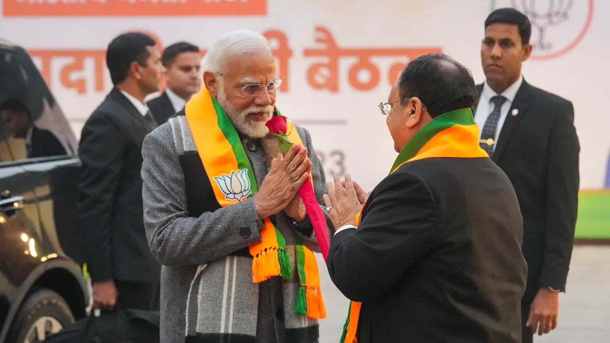 Prime Minister Narendra Modi being welcomed by BJP national president JP Nadda upon his arrival to attend BJP’s national office-bearers’ meeting at BJP headquarters, in New Delhi, Friday, Dec. 22, 2023. 