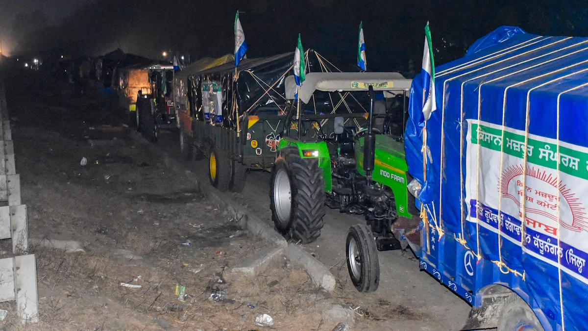 Farmers' tractos and trolleys parked ahead of their scheduled march towards Delhi, in Fatehgarh Sahib, Monday, Feb. 12, 2024.