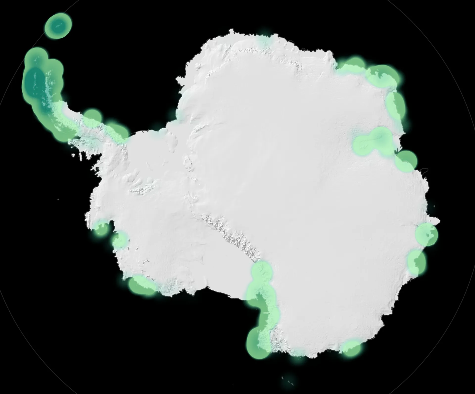A heatmap showing where vegetation occurs across the vast expense of the Antarctic continent. Andrew Gray