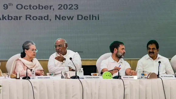 Congress President Mallikarjun Kharge with party leaders Sonia Gandhi, Rahul Gandhi and KC Venugopal during the Congress Working Committee meeting at the AICC Headquarters, in New Delhi