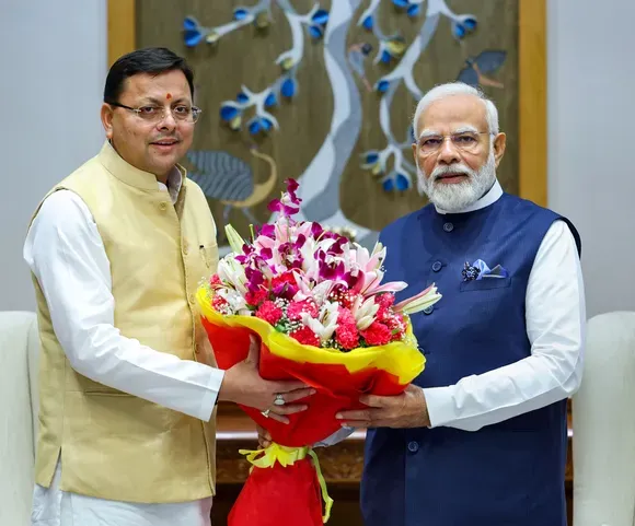 Prime Minister Narendra Modi in a meeting with Uttarakhand Chief Minister Pushkar Singh Dhami, in New Delhi