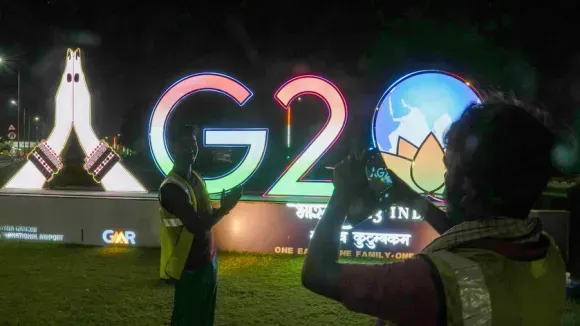 An installation at Terminal 3 of Indira Gandhi Internation Airport ahead of the G20 Summit, in New Delhi, Saturday, Sept. 2, 2023