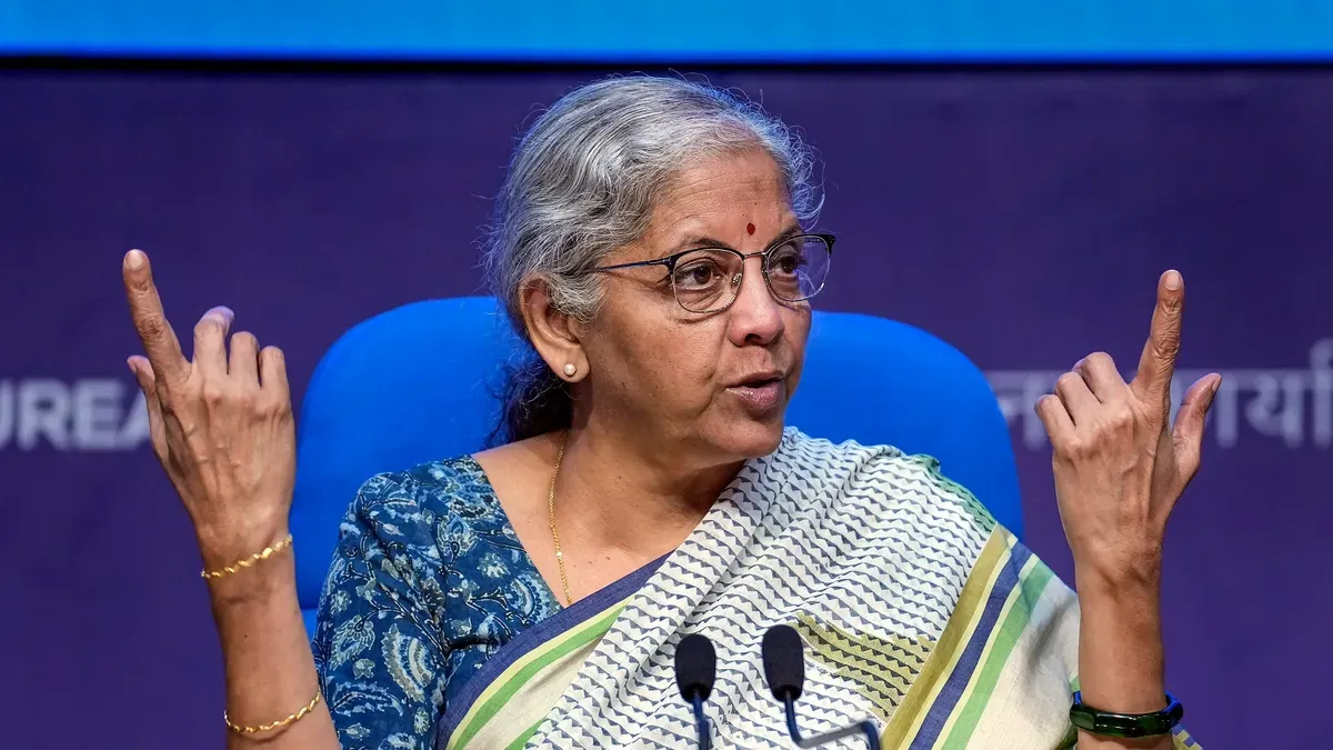 Union Finance Minister Nirmala Sitharaman speaks during a media briefing after the 51st Goods and Services Tax (GST) Council Meeting, in New Delhi