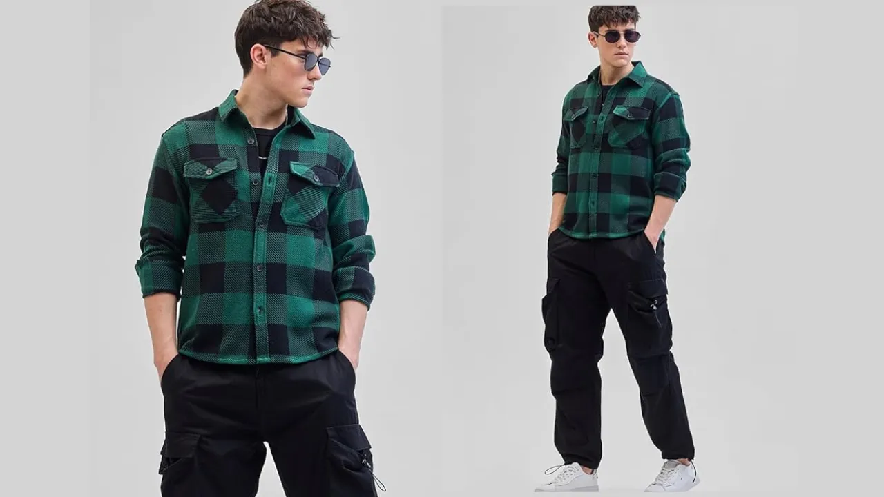 Snitch Green Checks Double Pocket Cotton Blend Flannel Overshirt