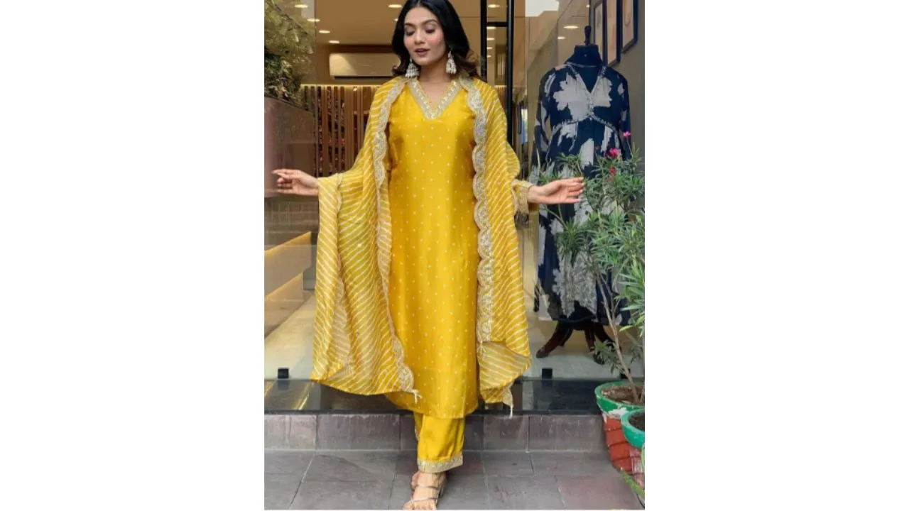 KALINI Bandhani Kurta With Trouser & Dupatta
