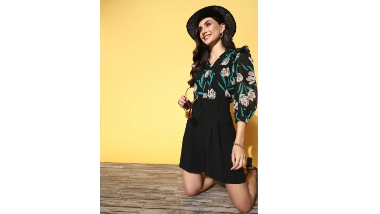 plusS Black Floral Volume Play Top