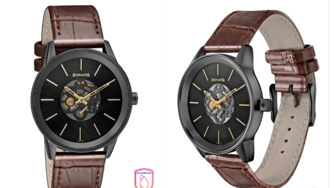 Sonata Men Black Brass Skeleton Dial & Brown Leather Strap Analogue Watch