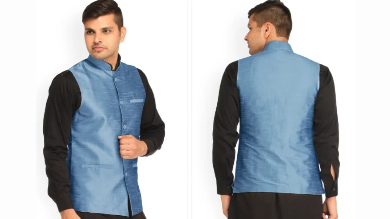 Exotic India French Blue Art Silk Plain Wedding Waistcoat with Front Pockets