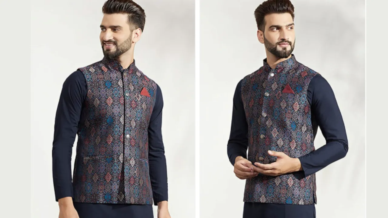 KISAH Men Woven Jacquard Zari Regular Fit Nehru Jacket