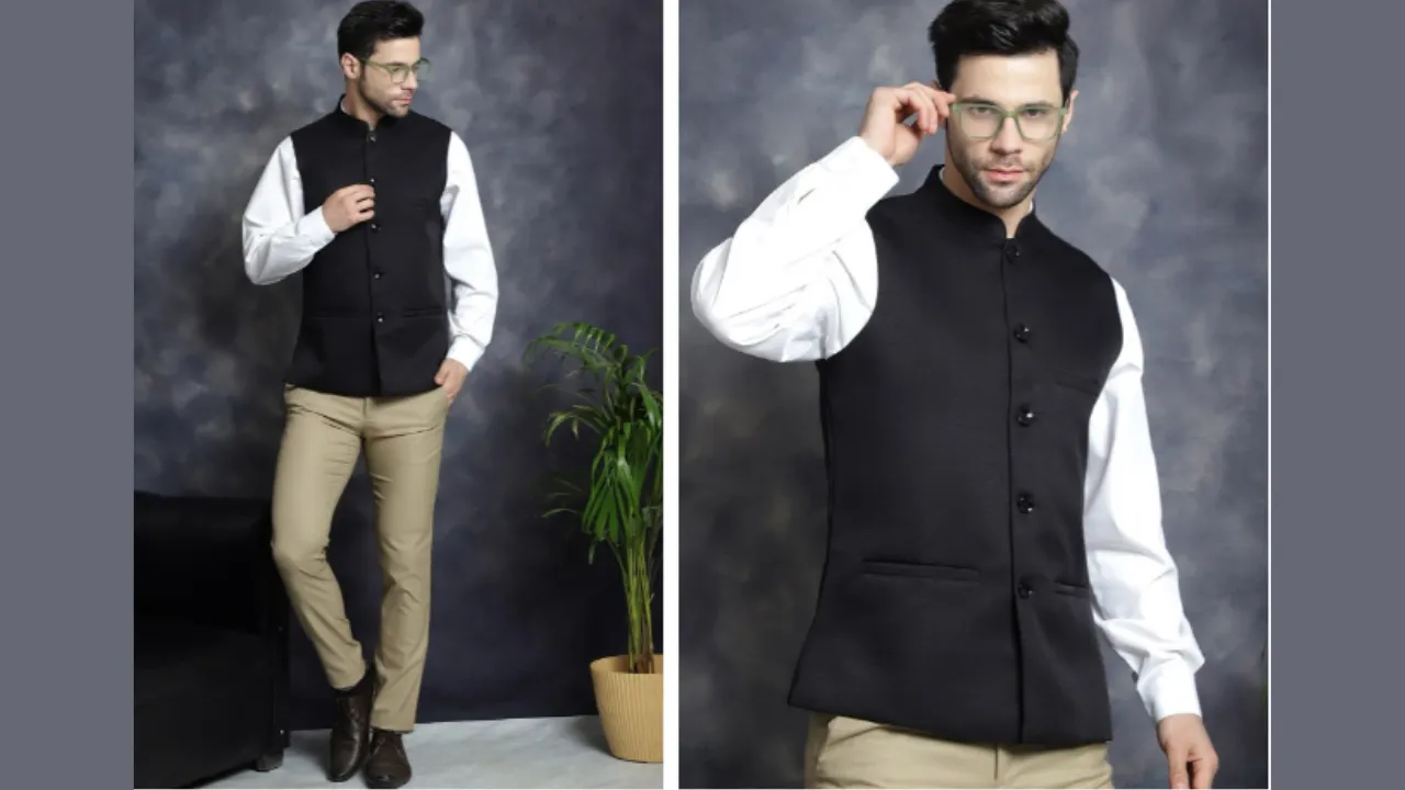 Anouk Black Mandarin Collar Woven Nehru Jacket