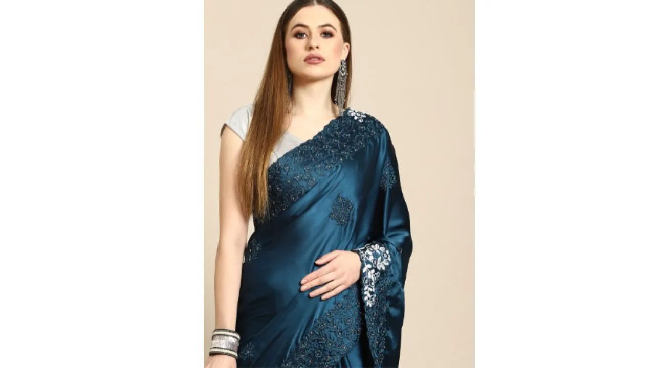 Anouk Blue Floral Satin Saree