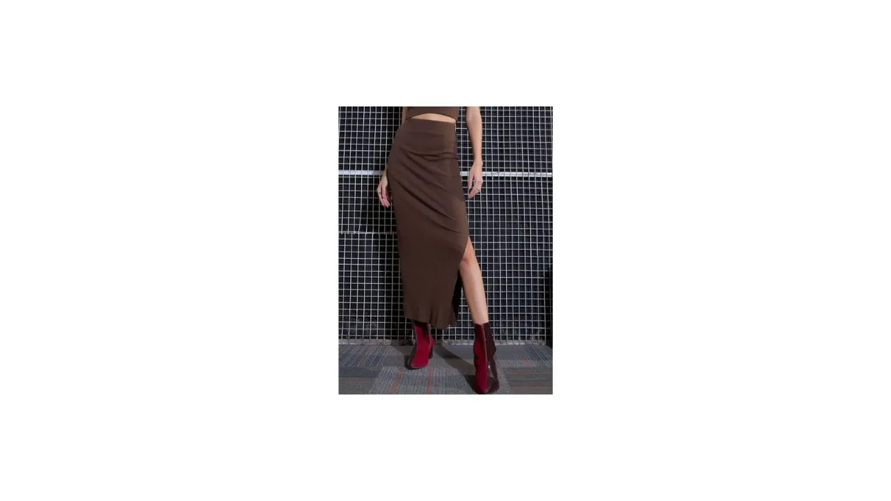 SASSAFRAS Brown Ribbed Pencil Midi Skirt