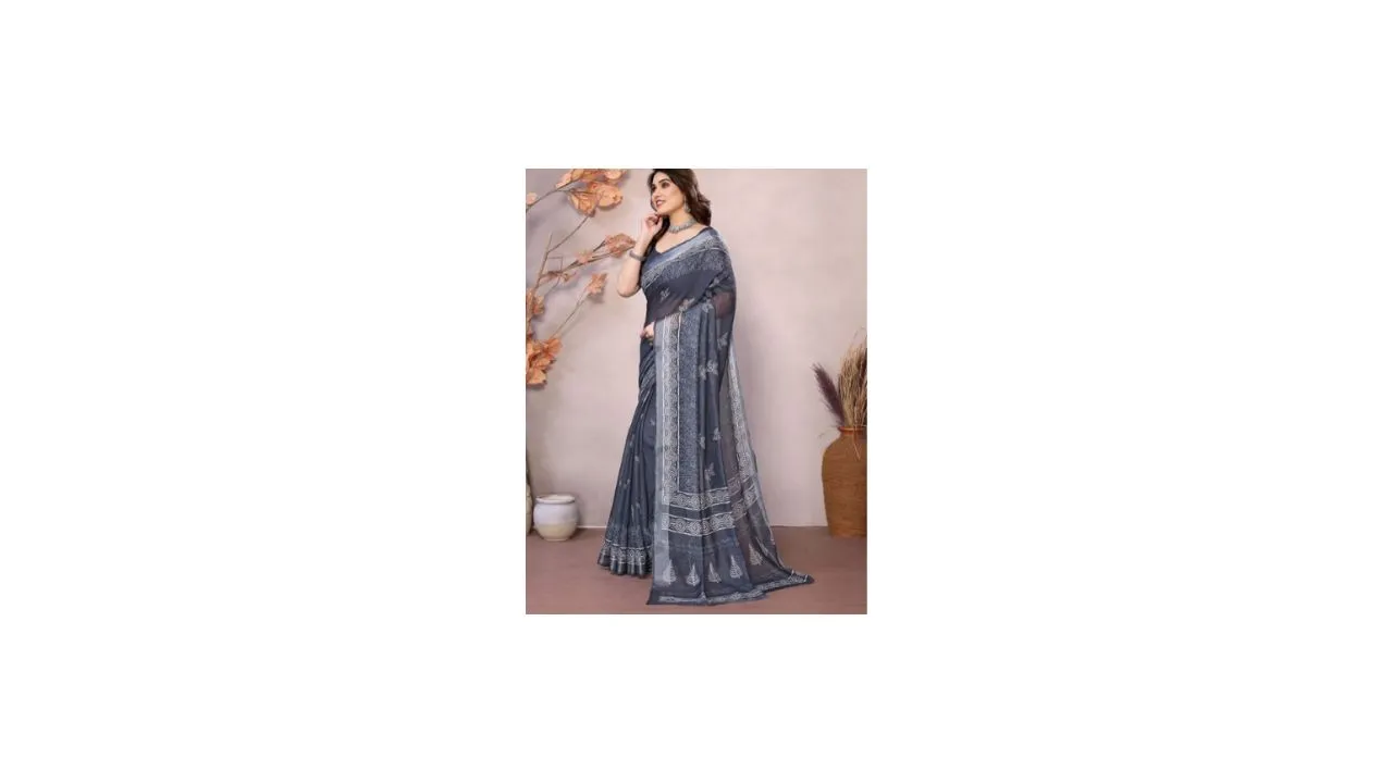 vj fashion Floral Zari Linen Blend Saree