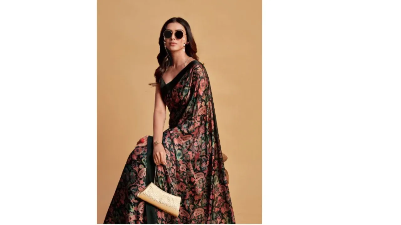  Sangria Charcoal & Pink Satin Saree 
