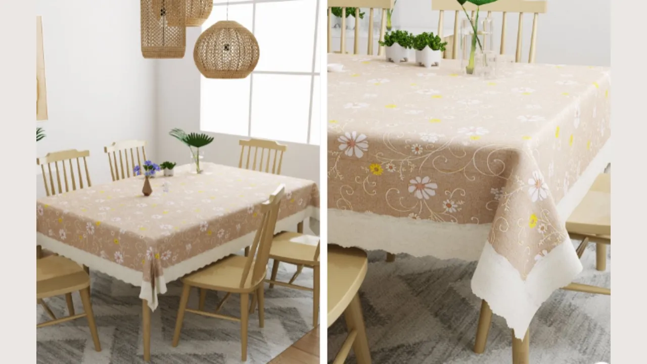DREAM WEAVERZ Beige & Brown Floral Printed 6-Seater Table Cover