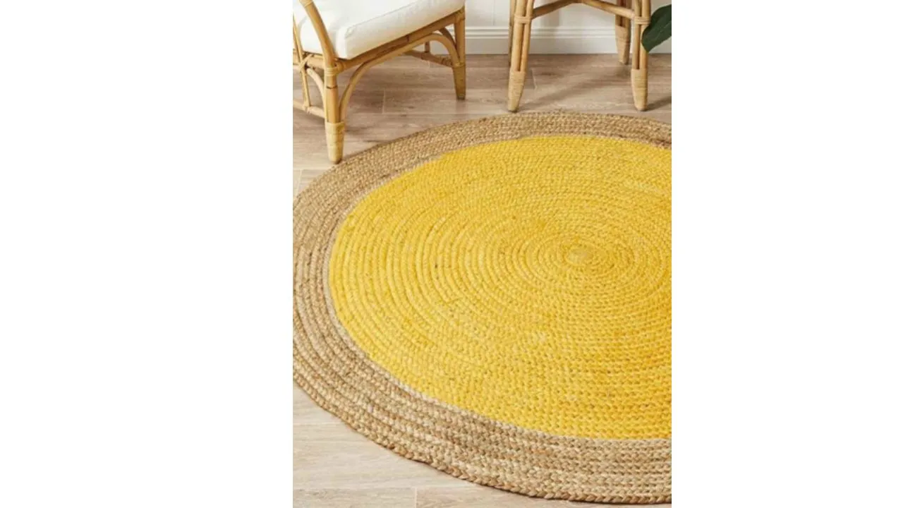 HABERE INDIA Yellow & Beige Jute Carpet